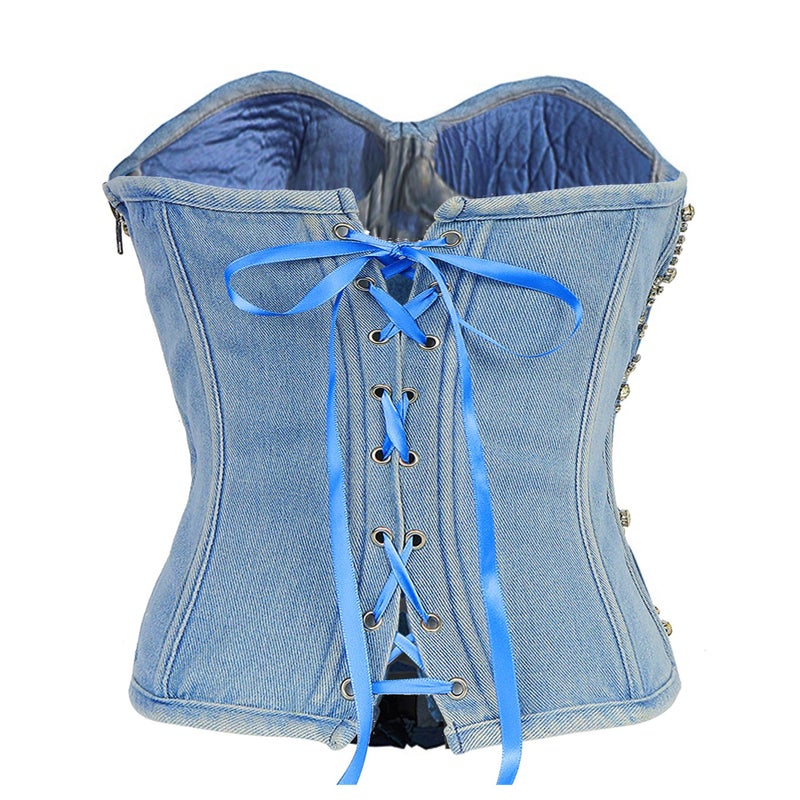 ELLACCI Women's Denim Rhinestone Corset Top Sexy Club Party Jean Bodysuit L Size - Image 3