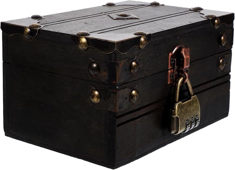 Vintage Wooden Jewelry Box With Combination Lock For Rings Necklaces Storage - Image 1