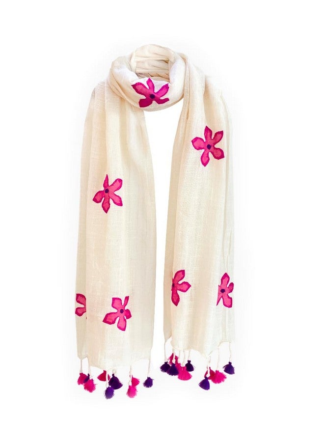 Aesthetics Label Handloom Khadi Cotton off white Stole with Floral Applique Work & Multicolor Tassels - Lightweight & Eco-Friendly Dupatta for Women (Pink Applique) - Image 1