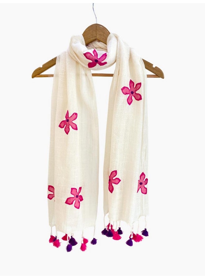 Aesthetics Label Handloom Khadi Cotton off white Stole with Floral Applique Work & Multicolor Tassels - Lightweight & Eco-Friendly Dupatta for Women (Pink Applique) - Image 2