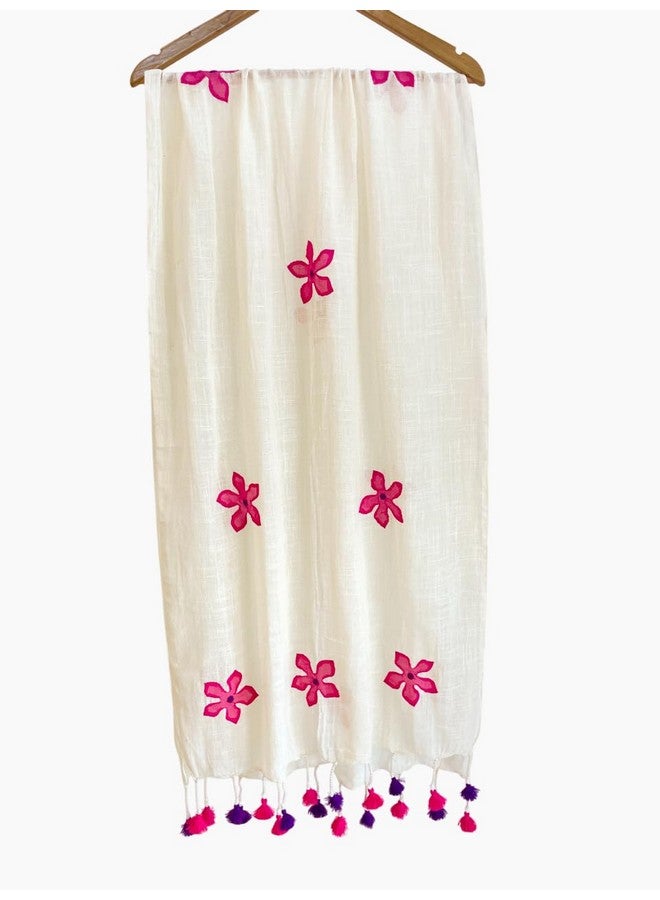 Aesthetics Label Handloom Khadi Cotton off white Stole with Floral Applique Work & Multicolor Tassels - Lightweight & Eco-Friendly Dupatta for Women (Pink Applique) - Image 3