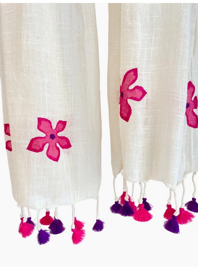 Aesthetics Label Handloom Khadi Cotton off white Stole with Floral Applique Work & Multicolor Tassels - Lightweight & Eco-Friendly Dupatta for Women (Pink Applique) - Image 5