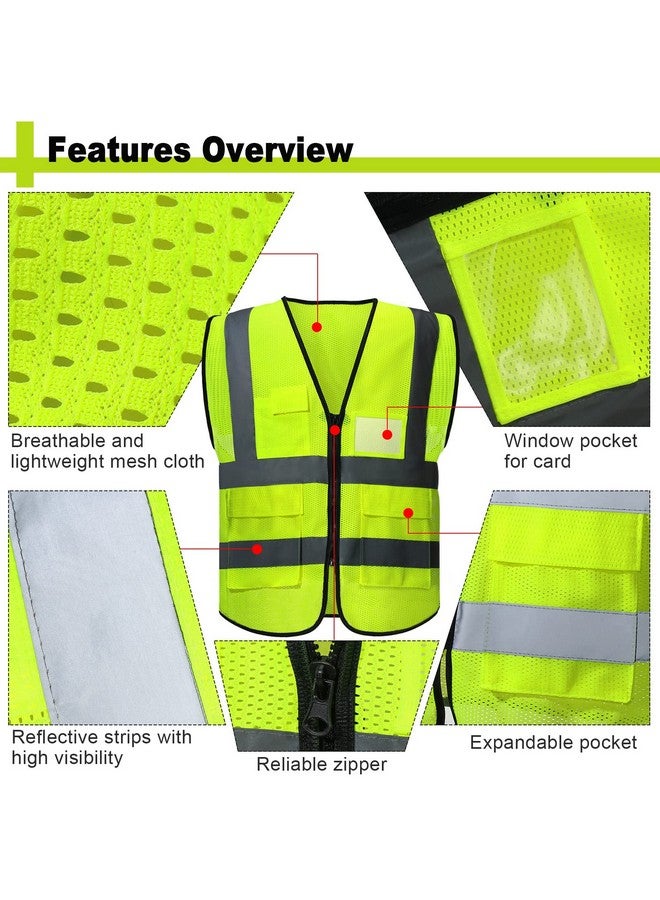 JenPen 10 Pieces Reflective Safety Vests with Pockets and Zipper, High Visibility Mesh Construction Vest for Men Women(L,Green) - Image 2