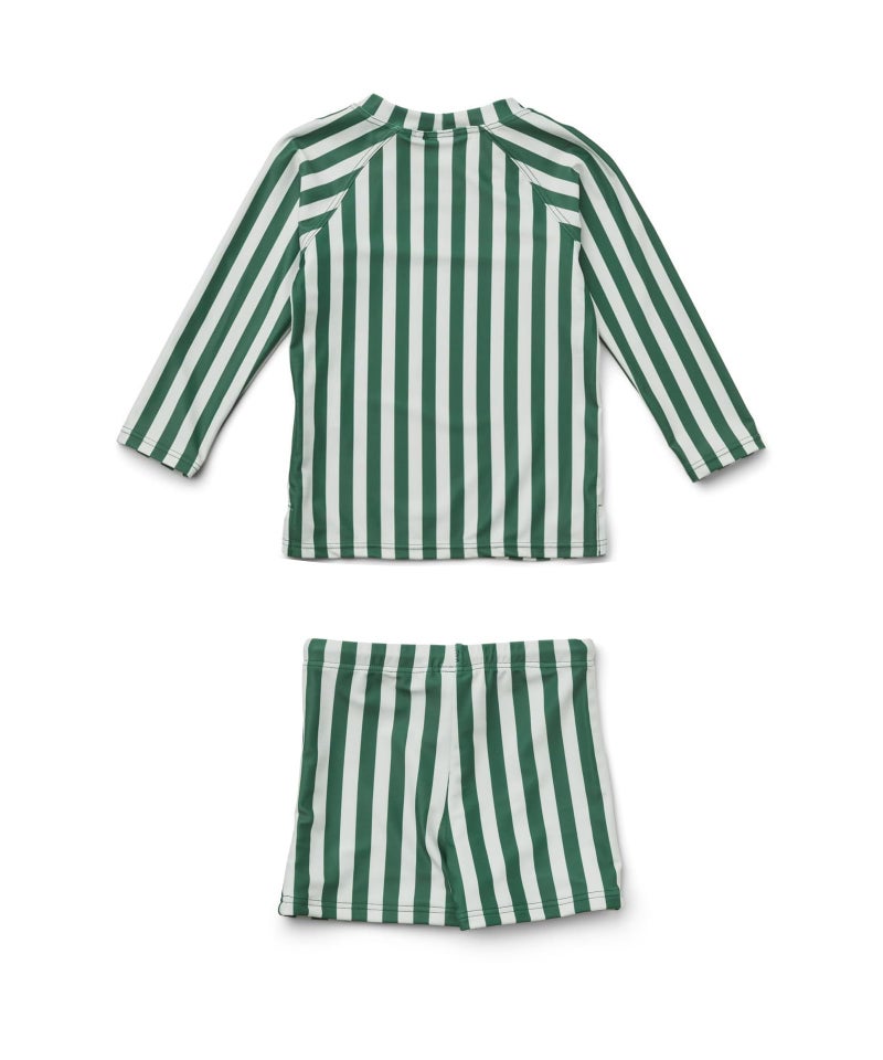 LDIOIF Baby Boys Two Piece Swimsuit Rash Guard Set Long Sleeve Swim Shirt Trunks &Shorts Green Stripe Bathing Suit 9-12 Month - Image 4