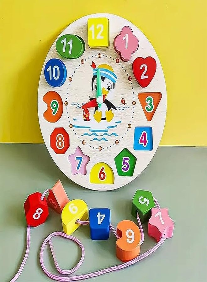 Bloombec Wooden Learning Clock Sorting Clock - Number Puzzle, Educational Teaching Clock Number Blocks Clock Shape Patterns Sorting Puzzle Montessori Learning Toy for Toddler Baby Kids 3+ - Image 1
