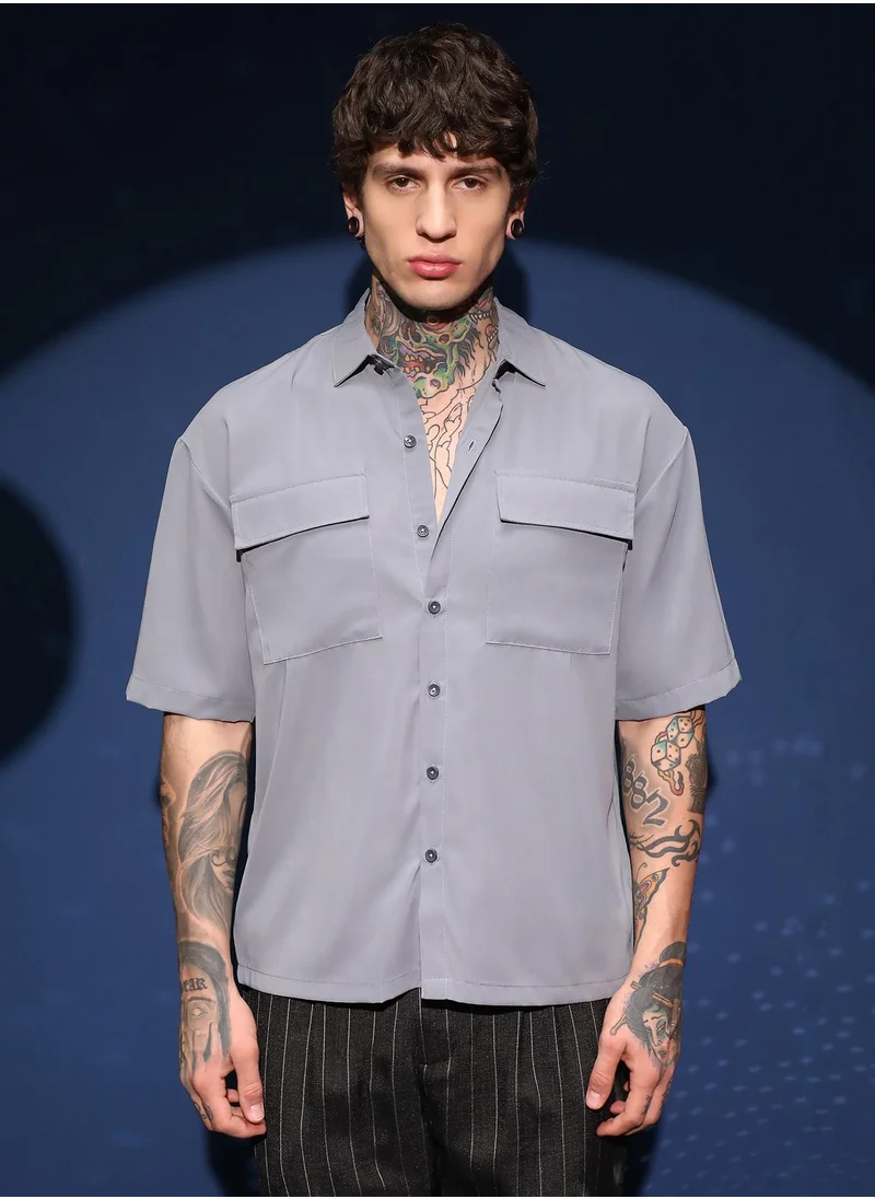كامبوس سوترا Men's Moon Grey Oversized Utility Shirt For Casual Wear | Spread Collar | Short Regular Sleeves | Button Closure | Oversized Shirt Crafted With Comfort Fit For Everyday Wear