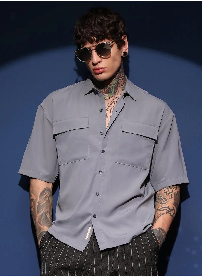 كامبوس سوترا Men's Moon Grey Oversized Utility Shirt For Casual Wear | Spread Collar | Short Regular Sleeves | Button Closure | Oversized Shirt Crafted With Comfort Fit For Everyday Wear