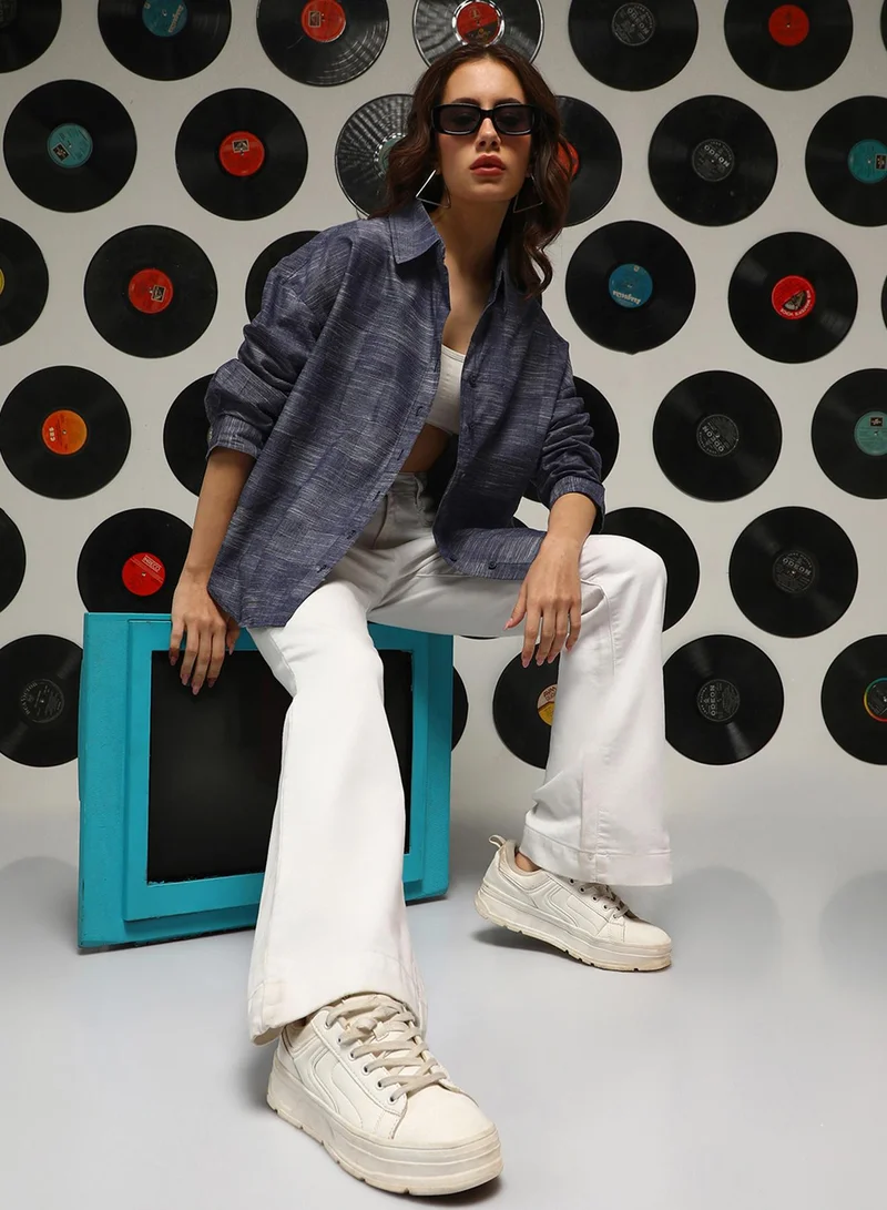 Campus Sutra Women's Denim Blue Buffalo-Check Oversized Shirt