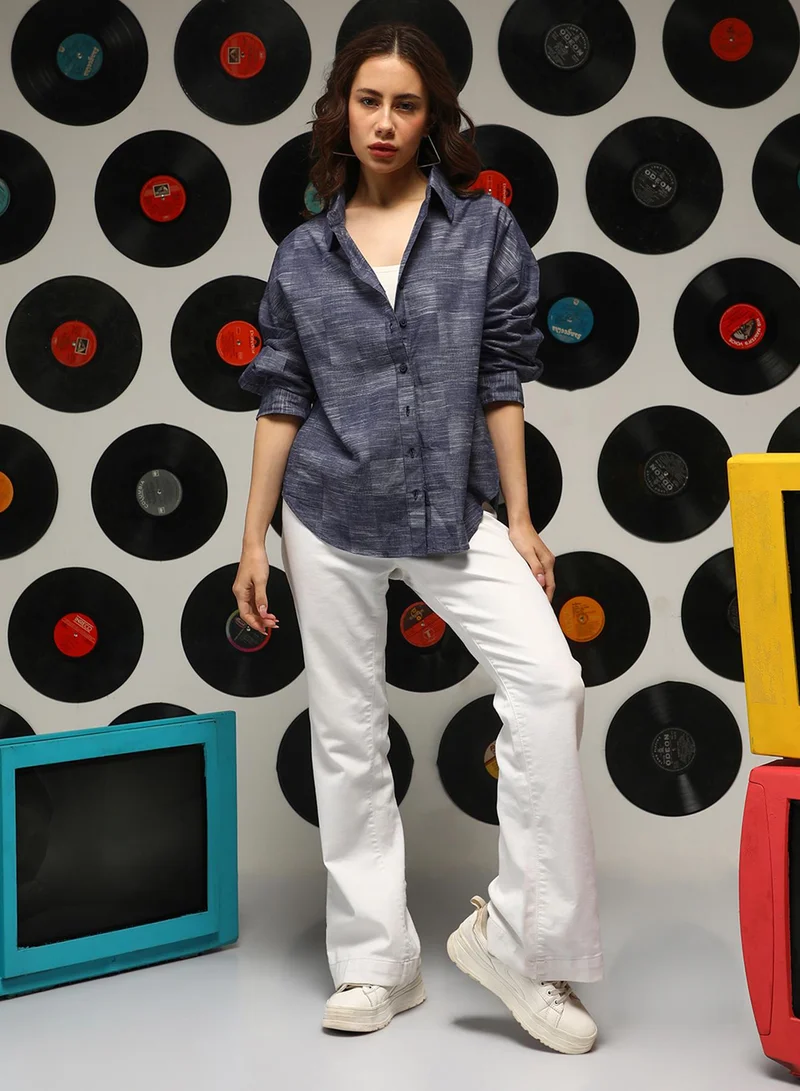 Campus Sutra Women's Denim Blue Buffalo-Check Oversized Shirt