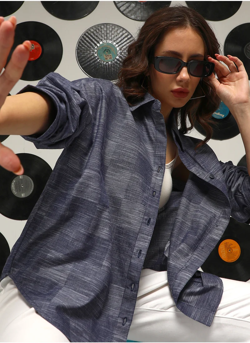 Campus Sutra Women's Denim Blue Buffalo-Check Oversized Shirt