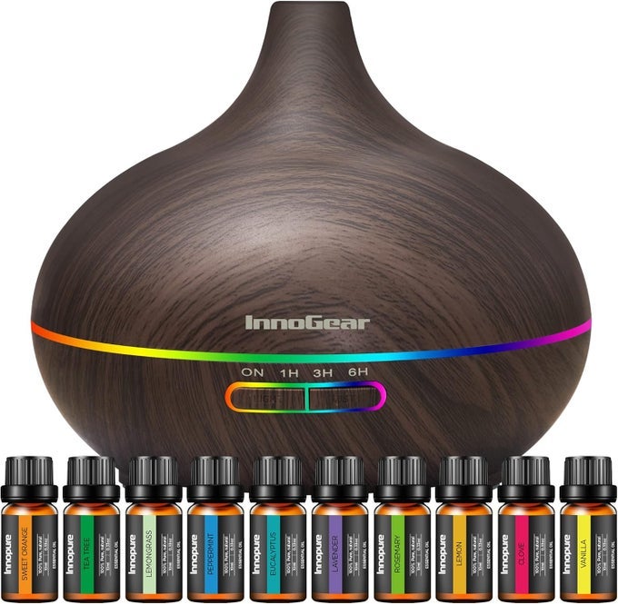 AROMATHERAPY DIFFUSER & 10 ESSENTIAL OILS SET, 400ML DIFFUSER ULTRASONIC DIFFUSER COOL MIST HUMIDIFIER WITH 4 TIMERS 7 COLORS LIGHT WATERLESS AUTO OFF FOR LARGE ROOM OFFICE, DARK WOOD GRAIN