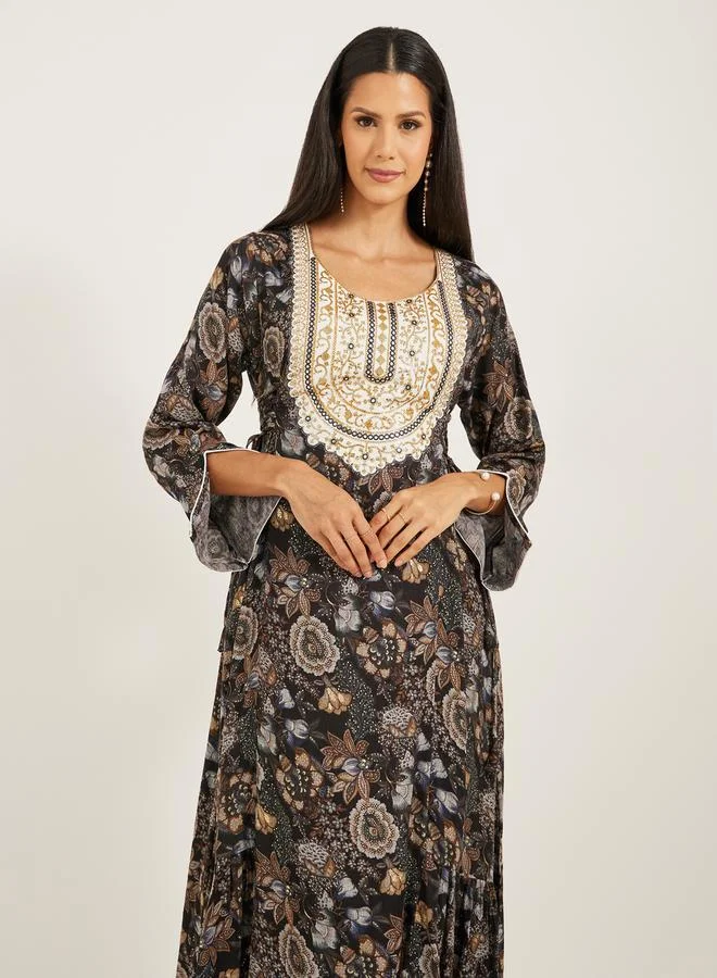 Maxim Creation All-Over Print Embroidered A-Line Jalabiya by Styli