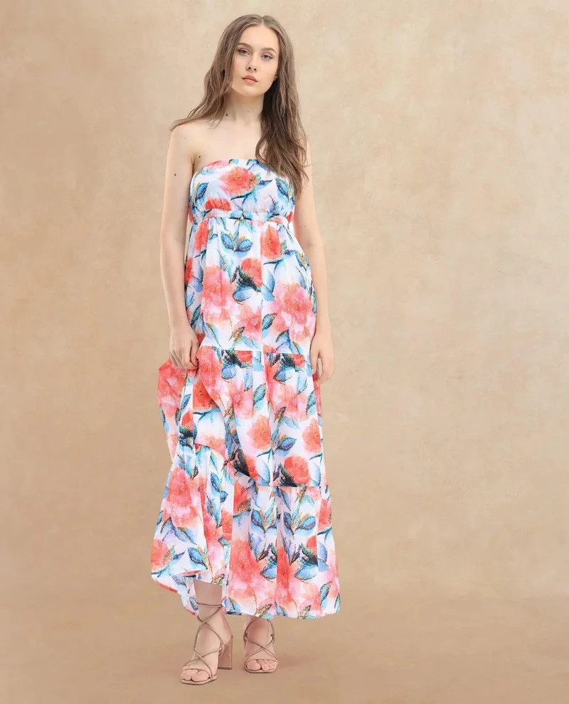 ريريزم Rareism Women's Izabelle Multi Cotton Fabric Shoulder Straps Slip-On Closure Sleeveless Floral Print Fit And Flare Maxi Dress