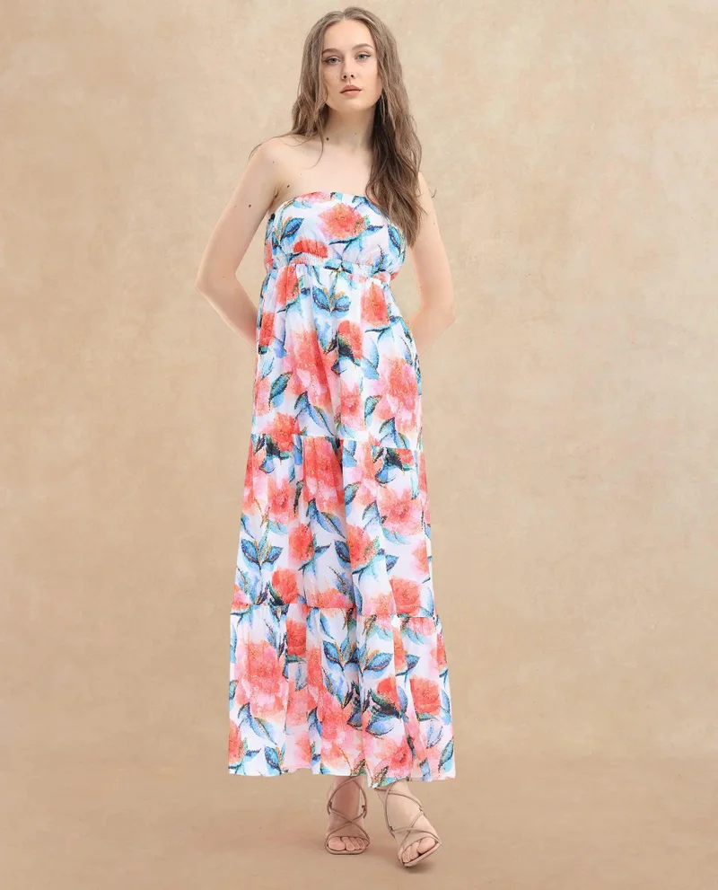 ريريزم Rareism Women's Izabelle Multi Cotton Fabric Shoulder Straps Slip-On Closure Sleeveless Floral Print Fit And Flare Maxi Dress