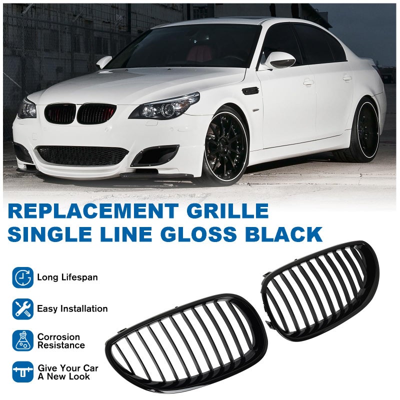 Generic BILLDIO E60 Grille - Black Kidney Single slats Grill Compatible With BMW 5 Series E60 E61 2003-2009 520i 523i 525i 528i 530i 535i 550i ABS Gloss Black Kidney Grill  - Image 2
