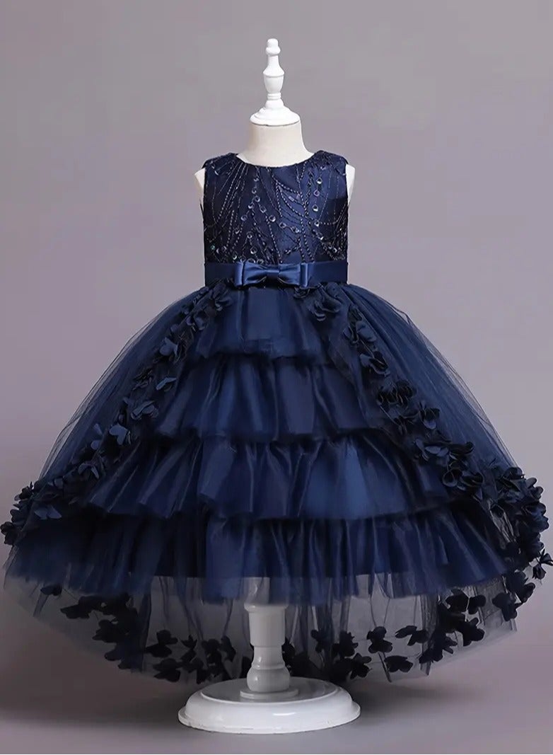 AROAQ Beads And Appliques Design Girls Formal Dress With Trailing, Fluffy Princess Dress Perfect For Banquets Performances (Navy Blue) - Image 1