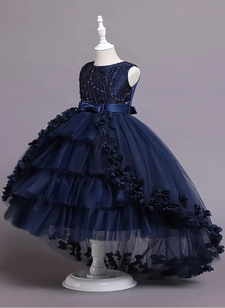 AROAQ Beads And Appliques Design Girls Formal Dress With Trailing, Fluffy Princess Dress Perfect For Banquets Performances (Navy Blue) - Image 3