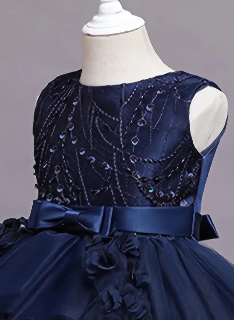 AROAQ Beads And Appliques Design Girls Formal Dress With Trailing, Fluffy Princess Dress Perfect For Banquets Performances (Navy Blue) - Image 4