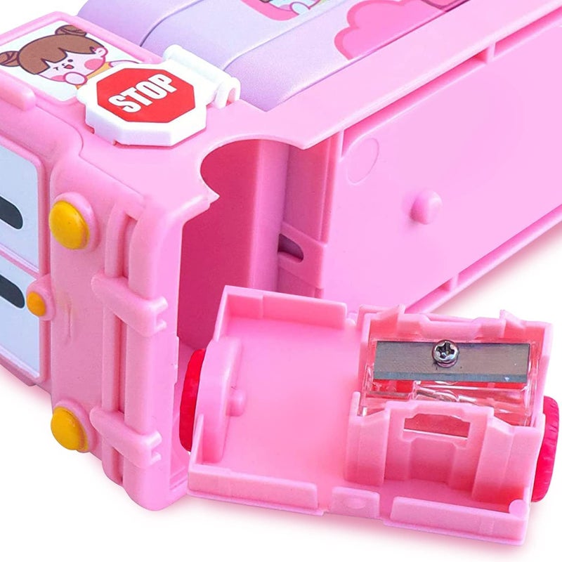 Brand Conquer Metal Bus Shape Pencil Box School Bus Geometry Box for Kids Magic Bus with Moving Tyres with 3 Compartments Moving Tyre's & Sharpener Geometry Case for Boys & Girls (Unicorn Bus), Pink - Image 5
