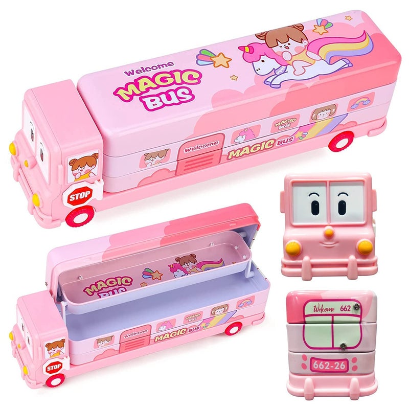 Brand Conquer Metal Bus Shape Pencil Box School Bus Geometry Box for Kids Magic Bus with Moving Tyres with 3 Compartments Moving Tyre's & Sharpener Geometry Case for Boys & Girls (Unicorn Bus), Pink - Image 1