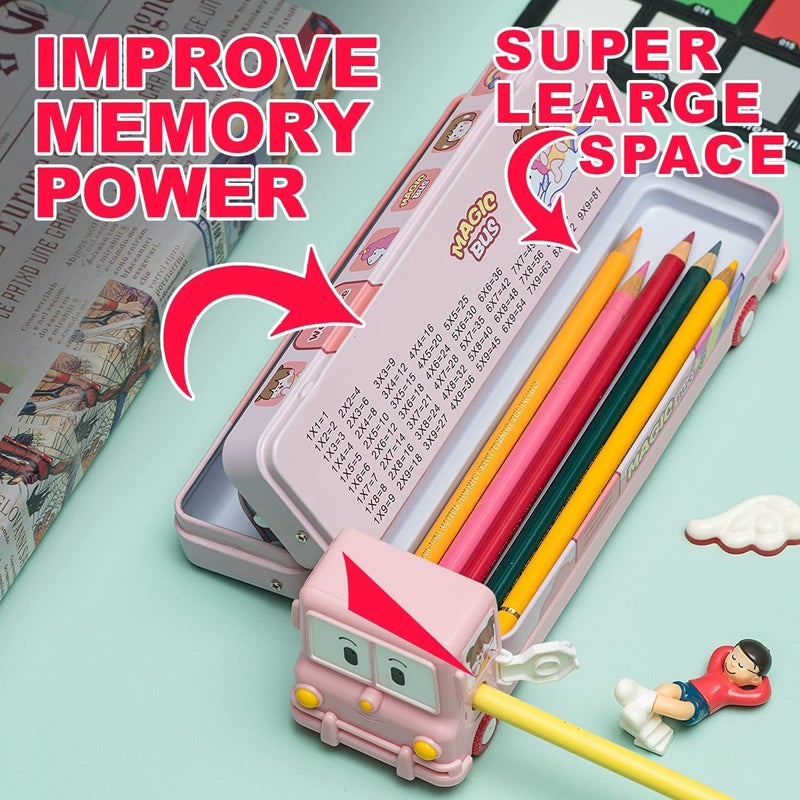 Brand Conquer Metal Bus Shape Pencil Box School Bus Geometry Box for Kids Magic Bus with Moving Tyres with 3 Compartments Moving Tyre's & Sharpener Geometry Case for Boys & Girls (Unicorn Bus), Pink - Image 3