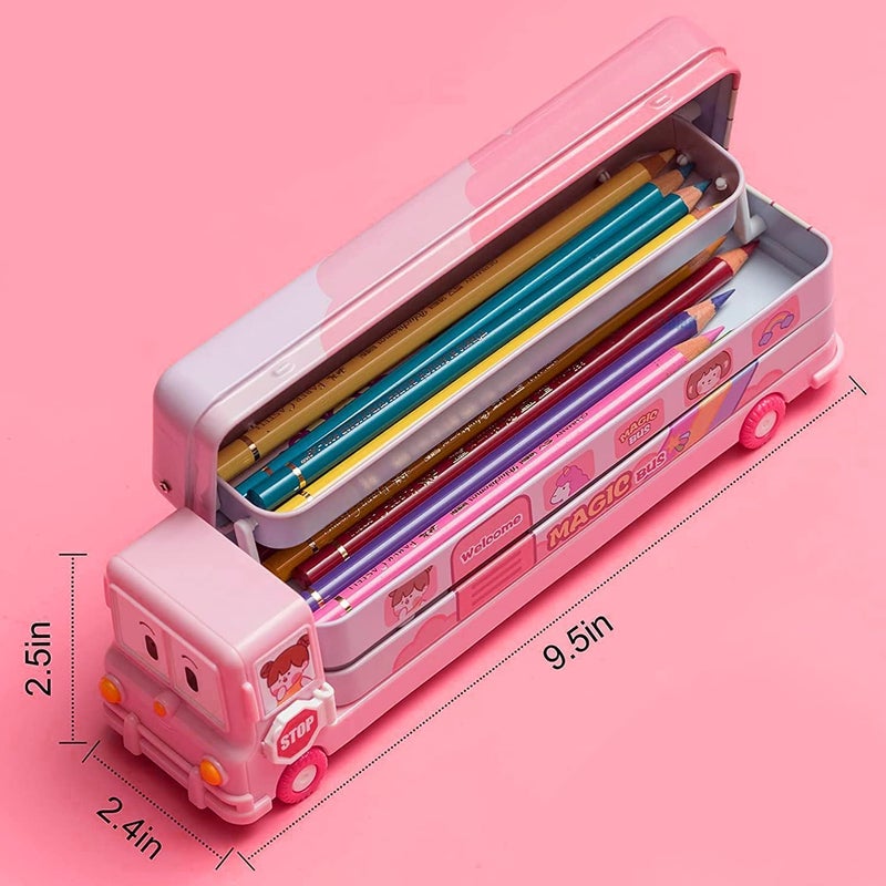 Brand Conquer Metal Bus Shape Pencil Box School Bus Geometry Box for Kids Magic Bus with Moving Tyres with 3 Compartments Moving Tyre's & Sharpener Geometry Case for Boys & Girls (Unicorn Bus), Pink - Image 2