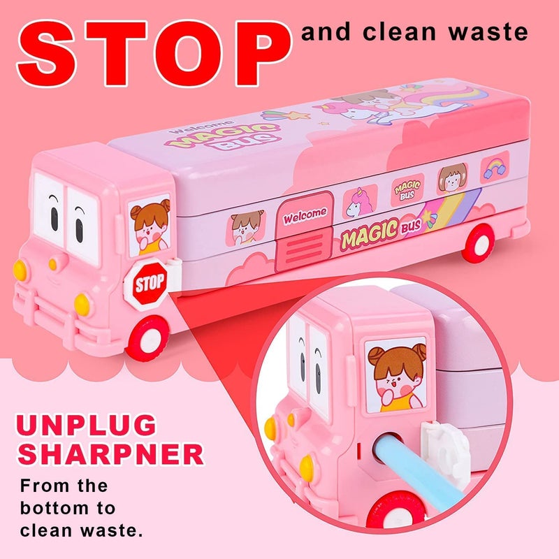 Brand Conquer Metal Bus Shape Pencil Box School Bus Geometry Box for Kids Magic Bus with Moving Tyres with 3 Compartments Moving Tyre's & Sharpener Geometry Case for Boys & Girls (Unicorn Bus), Pink - Image 4