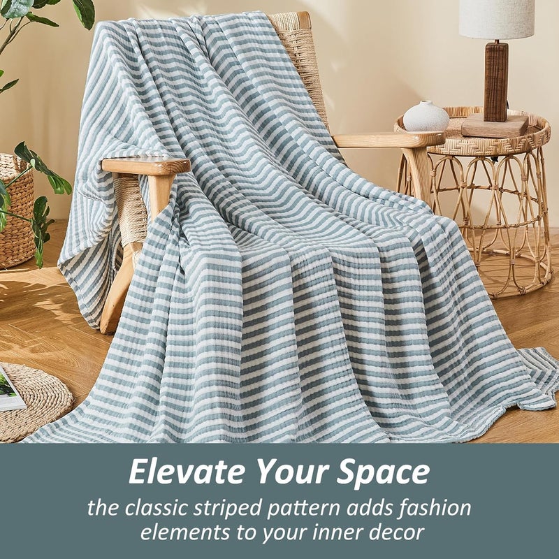EMME Cotton Muslin Twin Blanket Breathable Gauze Soft Lightweight Adults Gifts for Women (Striped Teal, 60"x80") - Image 3