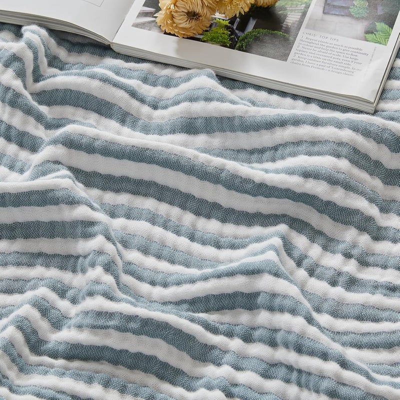 EMME Cotton Muslin Twin Blanket Breathable Gauze Soft Lightweight Adults Gifts for Women (Striped Teal, 60"x80") - Image 1