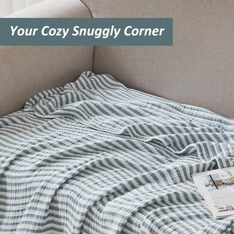 EMME Cotton Muslin Twin Blanket Breathable Gauze Soft Lightweight Adults Gifts for Women (Striped Teal, 60"x80") - Image 4