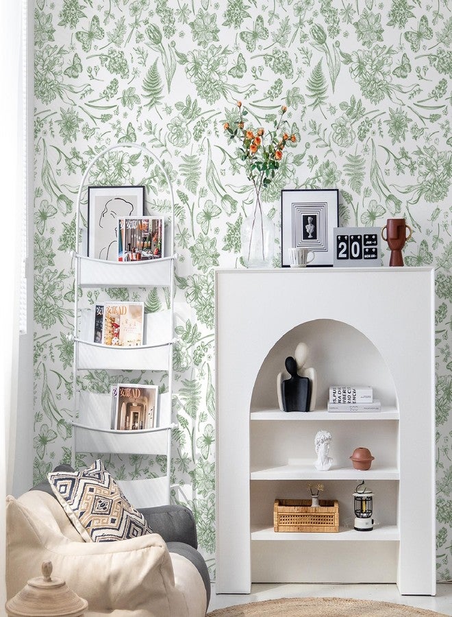 Fiula Peel and Stick Wallpaper Floral White Green Flower Contact Paper Butterfly Boho 78.7 "x17.3 Removable Wallpaper Self-Adhesive Wallpaper for Bedroom Waterproof Shelf Liner Decal Vinyl Roll - Image 4