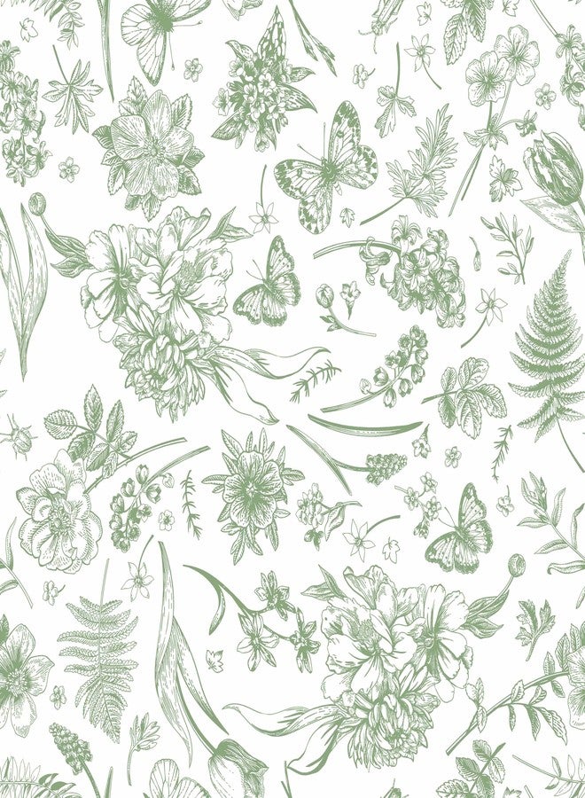 Fiula Peel and Stick Wallpaper Floral White Green Flower Contact Paper Butterfly Boho 78.7 "x17.3 Removable Wallpaper Self-Adhesive Wallpaper for Bedroom Waterproof Shelf Liner Decal Vinyl Roll - Image 1