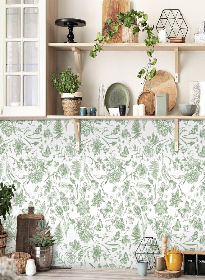 Fiula Peel and Stick Wallpaper Floral White Green Flower Contact Paper Butterfly Boho 78.7 "x17.3 Removable Wallpaper Self-Adhesive Wallpaper for Bedroom Waterproof Shelf Liner Decal Vinyl Roll - Image 3