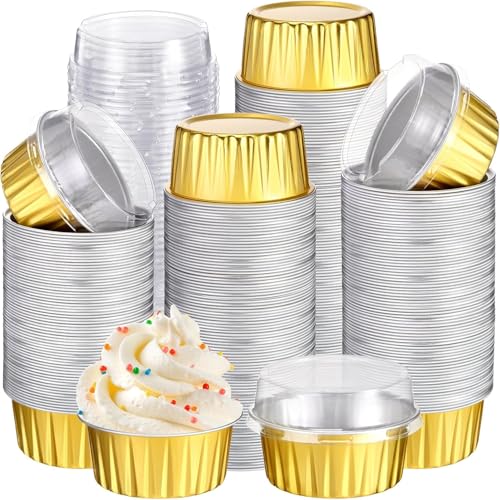 DNY Gold Aluminum Foil Baking Cups with Lids – 50 Pack Disposable Ramekins for Muffins, Cupcakes, Flan, Creme Brulee, Mini Cakes – Dessert Containers for Parties & Weddings - Image 1