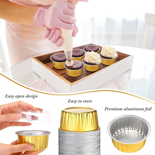 DNY Gold Aluminum Foil Baking Cups with Lids – 50 Pack Disposable Ramekins for Muffins, Cupcakes, Flan, Creme Brulee, Mini Cakes – Dessert Containers for Parties & Weddings - Image 2