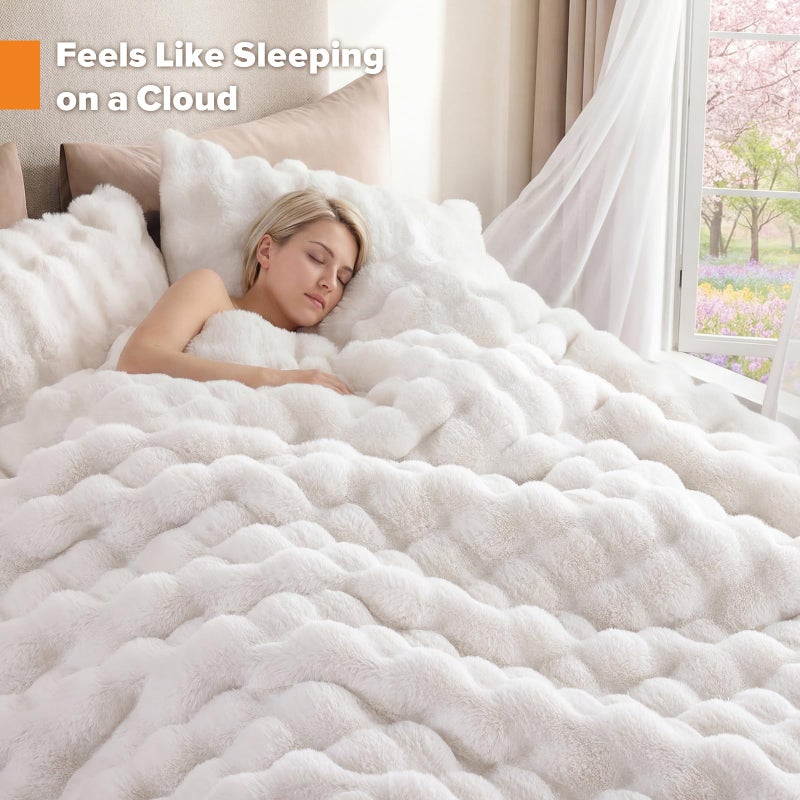 YIKUSH Fluffy Comforter Set Queen Size - Soft & Fuzzy Faux Fur Comforter, Ultra Plush White Comforter with Flannel Back, Warm Yet Lightweight Cozy Bedding Set - Image 3