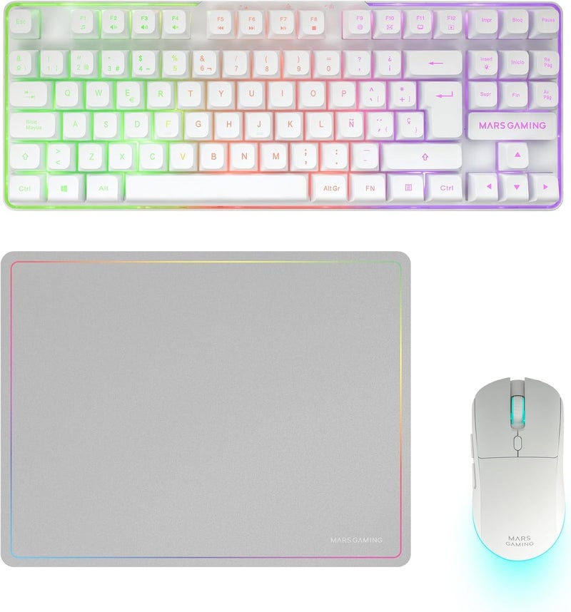 مارس_جيمنج مارس جيمنج MCPWTKL، مجموعة ألعاب لاسلكية، تقنية DualPro Link 2.4GPRO، لوحة مفاتيح TKL FRGB قوس قزح + ماوس RGB 3200DPI ومفاتيح HUANO + حصيرة مانعة للانزلاق 360x260 مم، أبيض، إسباني - Image 1