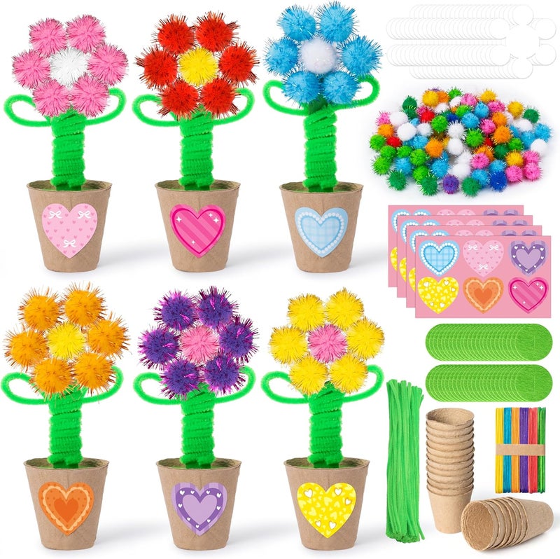 WATINC Spring Flower Paper Pot Craft Kits - 36 Pack Springtime Mother’s Day Pom Pom Flower Decorations, Make Your Standing Glitter Gift Crafts, Fun DIY Decor Home School Classroom Art Activities - Image 1