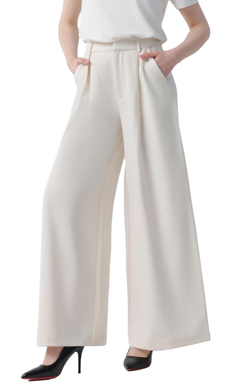 Tronjori Women High Waist Casual Wide Leg Long Palazzo Pants Trousers Regular Size(S, Beige Short) - Image 1