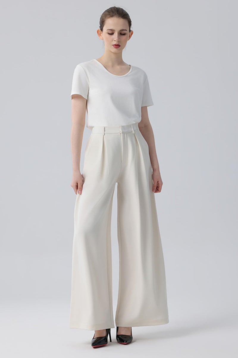 Tronjori Women High Waist Casual Wide Leg Long Palazzo Pants Trousers Regular Size(S, Beige Short) - Image 2