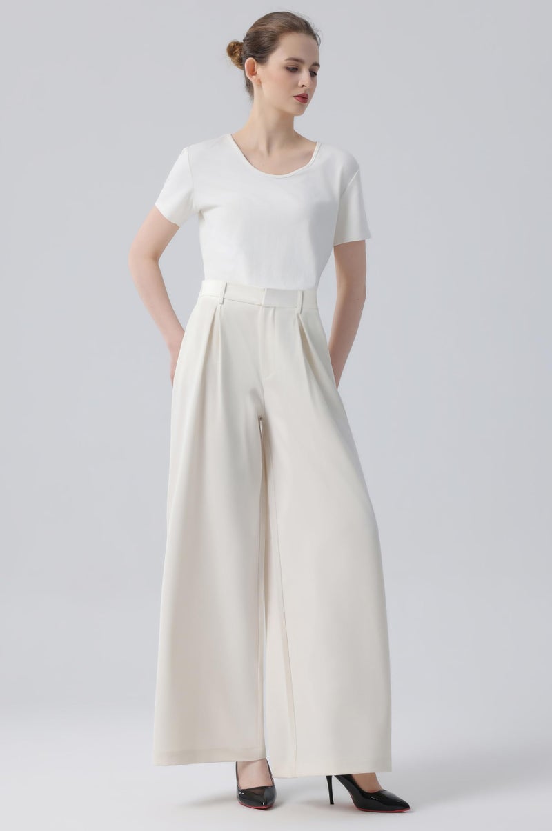 Tronjori Women High Waist Casual Wide Leg Long Palazzo Pants Trousers Regular Size(S, Beige Short) - Image 5