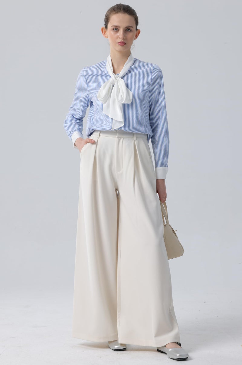 Tronjori Women High Waist Casual Wide Leg Long Palazzo Pants Trousers Regular Size(S, Beige Short) - Image 3