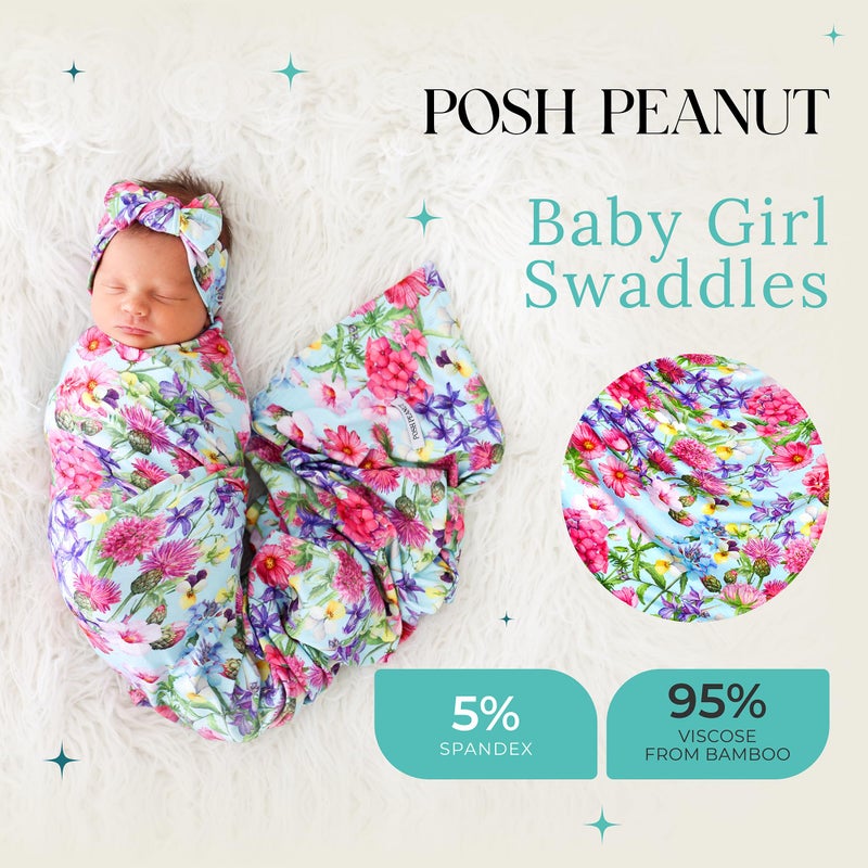 بوش بينت مجموعة قماط وعصابة رأس ناعمة للأطفال من Posh Peanut - فيسكوز من الخيزران لحديثي الولادة، بطانية استقبال للرضاعة أو غطاء عربة الأطفال (هادلي) - Image 2