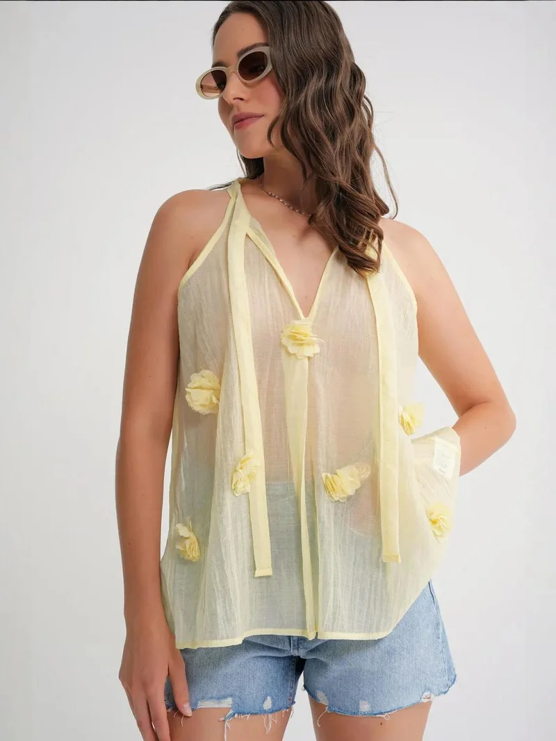 Mixray Lemon Yellow Mixray V-Neck Tie Closure Ruffle Blouse for Women | Best Price UAE