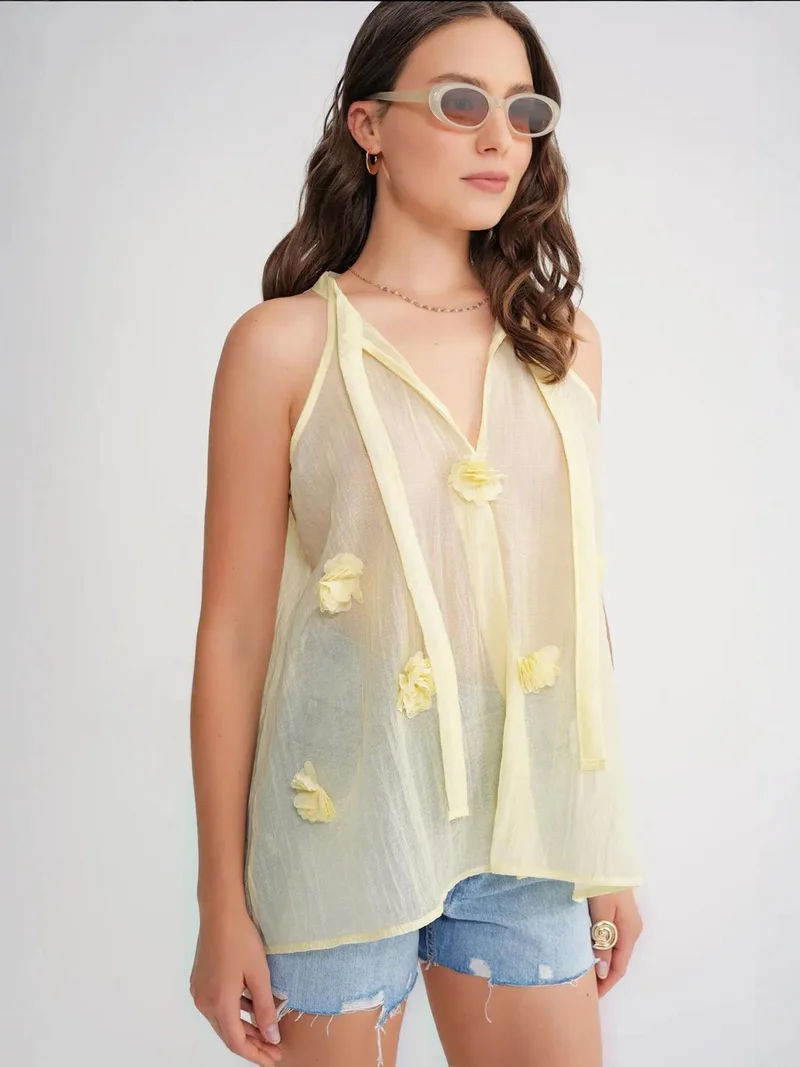 Mixray Lemon Yellow Mixray V-Neck Tie Closure Ruffle Blouse for Women | Best Price UAE