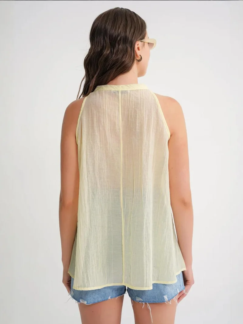 Mixray Lemon Yellow Mixray V-Neck Tie Closure Ruffle Blouse for Women | Best Price UAE
