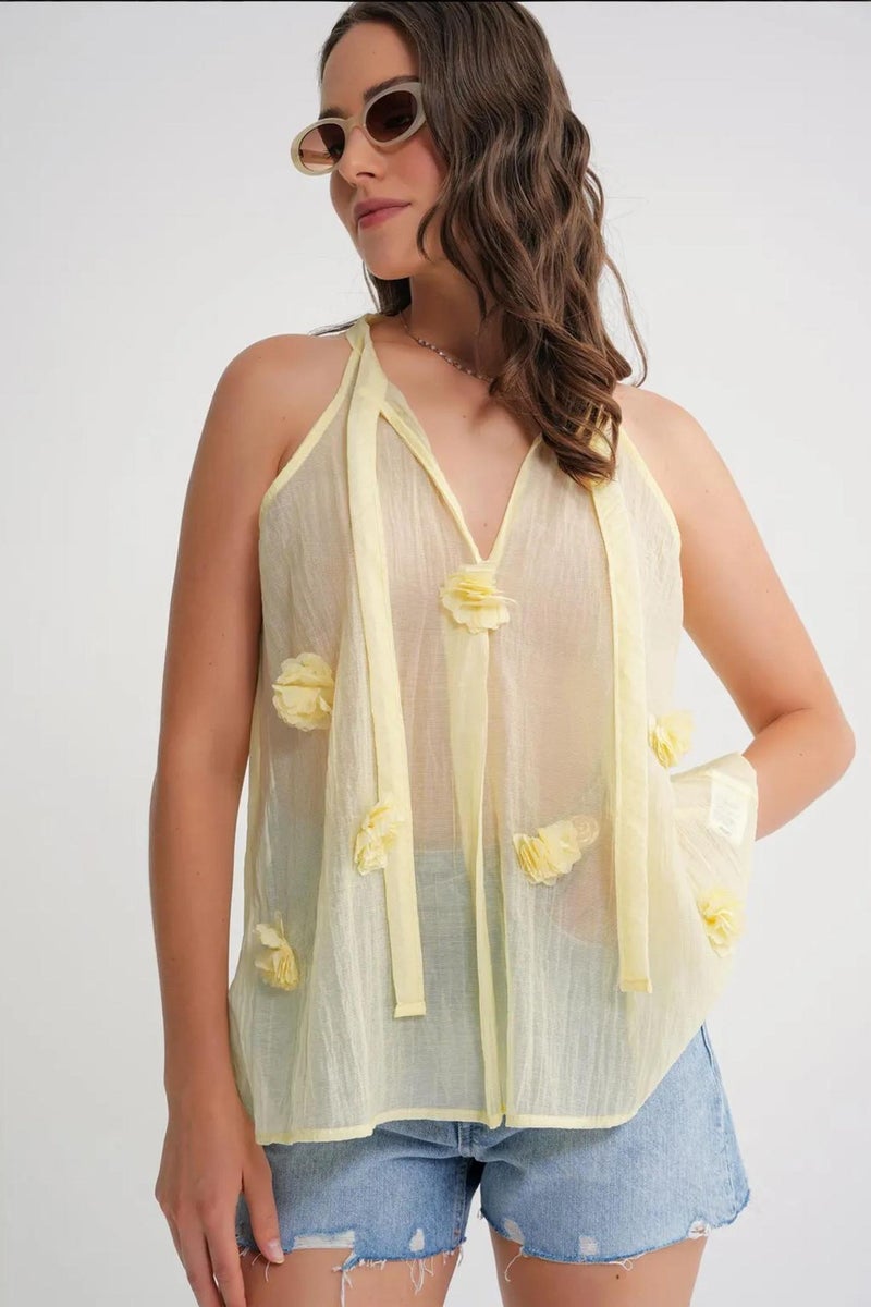Mixray V-Neck Tie Closure Ruffle Blouse - Image 4