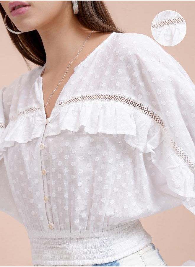 Tokyo Talkies Dobby Batwing Sleeve Ruffle Detail Crop Top by Styli  - Image 5
