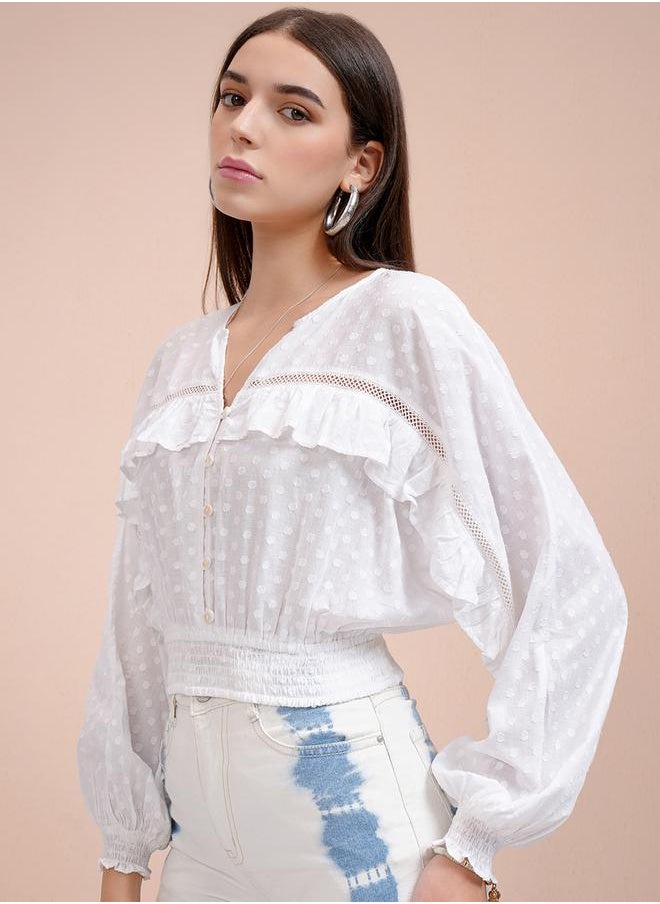 Tokyo Talkies Dobby Batwing Sleeve Ruffle Detail Crop Top by Styli  - Image 4