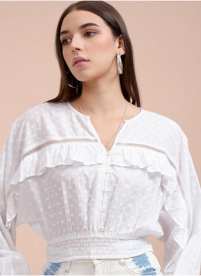 Tokyo Talkies Dobby Batwing Sleeve Ruffle Detail Crop Top by Styli  - Image 1